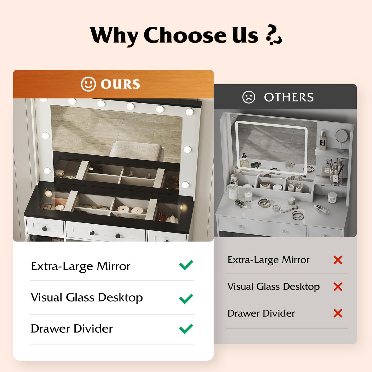 WLIVE 43‘’ Farmhouse Makeup Vanity Desk with Large Mirror and Lights, Glass Top Vanity Table with 3 Drawers and 2 Cabinets, Dressing Table w/ 3 Color Modes for Bedroom, Vanity with Lights (White) WLIVE