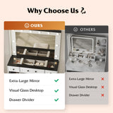 WLIVE 43‘’ Farmhouse Makeup Vanity Desk with Large Mirror and Lights, Glass Top Vanity Table with 3 Drawers and 2 Cabinets, Dressing Table w/ 3 Color Modes for Bedroom, Vanity with Lights (White) WLIVE