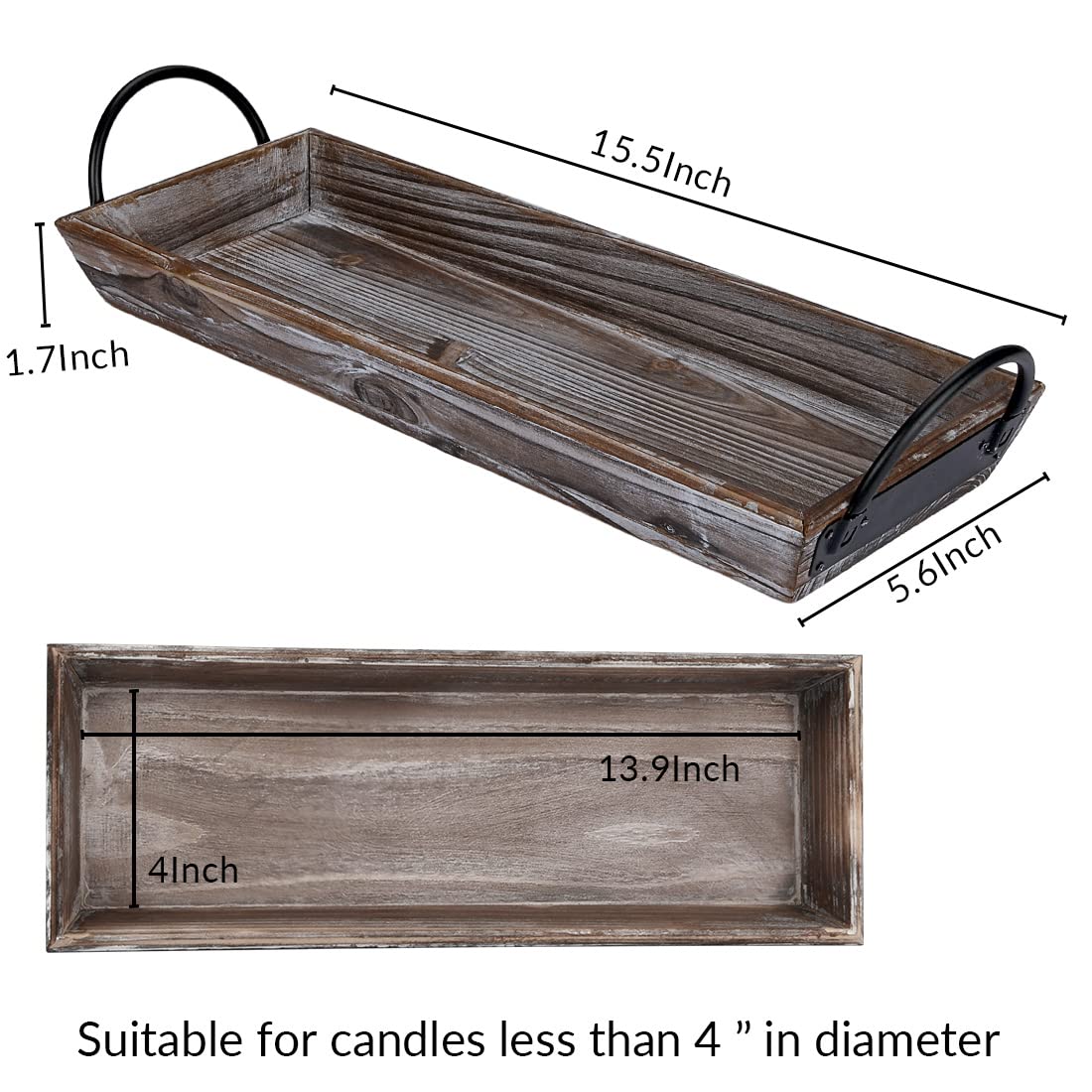 Aglary Wooden Tray Candle Holder with Black Metal Handles, Rectangular Centerpiece for Dining Table. Home Decor Accessories for Coffee Table, Kitchen Counter, Fireplace or Farmhouse.