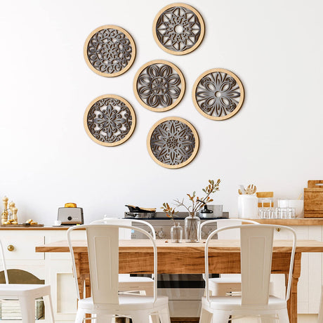 Ferraycle 6 Pieces Thicken Rustic Wall Decor Farmhouse Wall Art Decor Wooden Round Wall Art Rustic Hollow Carved Wall Art for Living Room Bedroom Kitchen Decor Small Size 9.8" x 9.8" (Wood Color) Ferraycle
