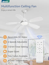 LEDIARY Ceiling Fans with Lights,42 inch Ceiling Fans with Lights and Remote,3CCT,6 Speeds,Reversible DC Motor,Noiseless,Small White Ceiling Fan for Bedroom Farmhouse and Patio,Indoor/Outdoor Use LEDIARY