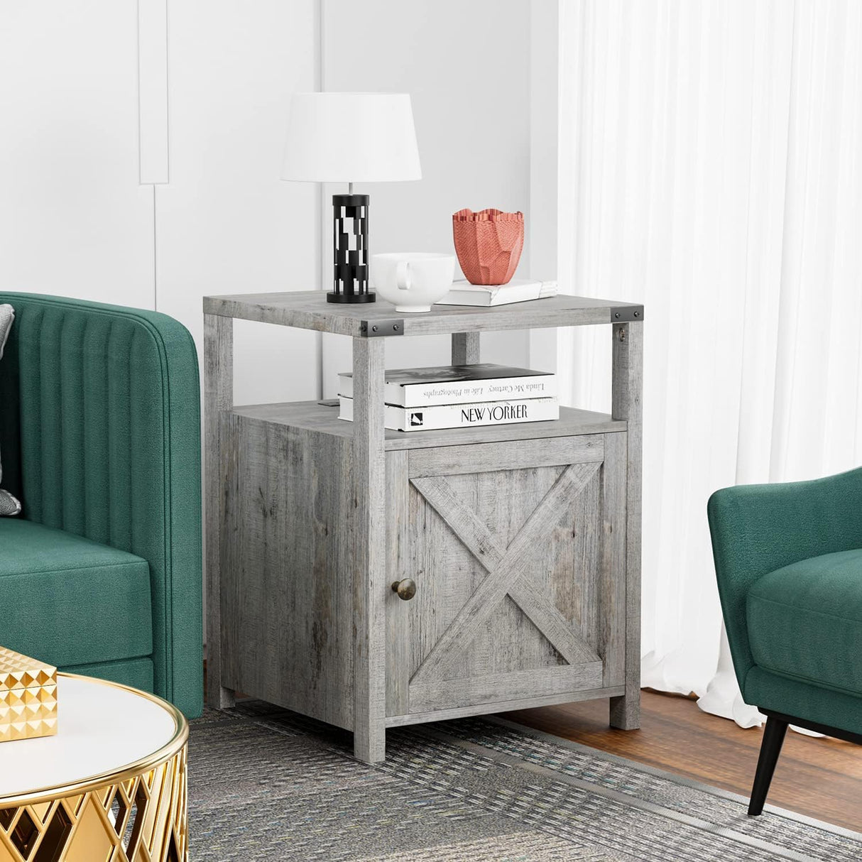 HOSEOKA Farmhouse Nightstand Set of 2 with Charging Station, Rustic End Table Bedroom with Storage Living Room Side Table Night Stand Industrial Bedside Bed Table with USB Ports and Outlets HOSEOKA