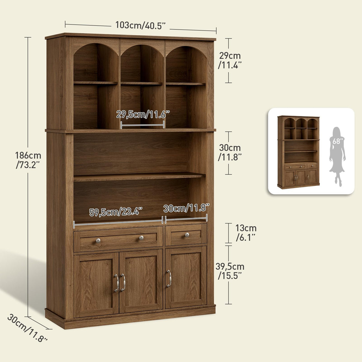 RALGEND 73.2" Tall Farmhouse Arched Bookshelf with Drawer and Door, 6 Tier Mid Century Modern Book Shelf and Bookcase with Storage, Floor Standing Display Cabinet for Living Room, Home Office, Walnut RALGEND