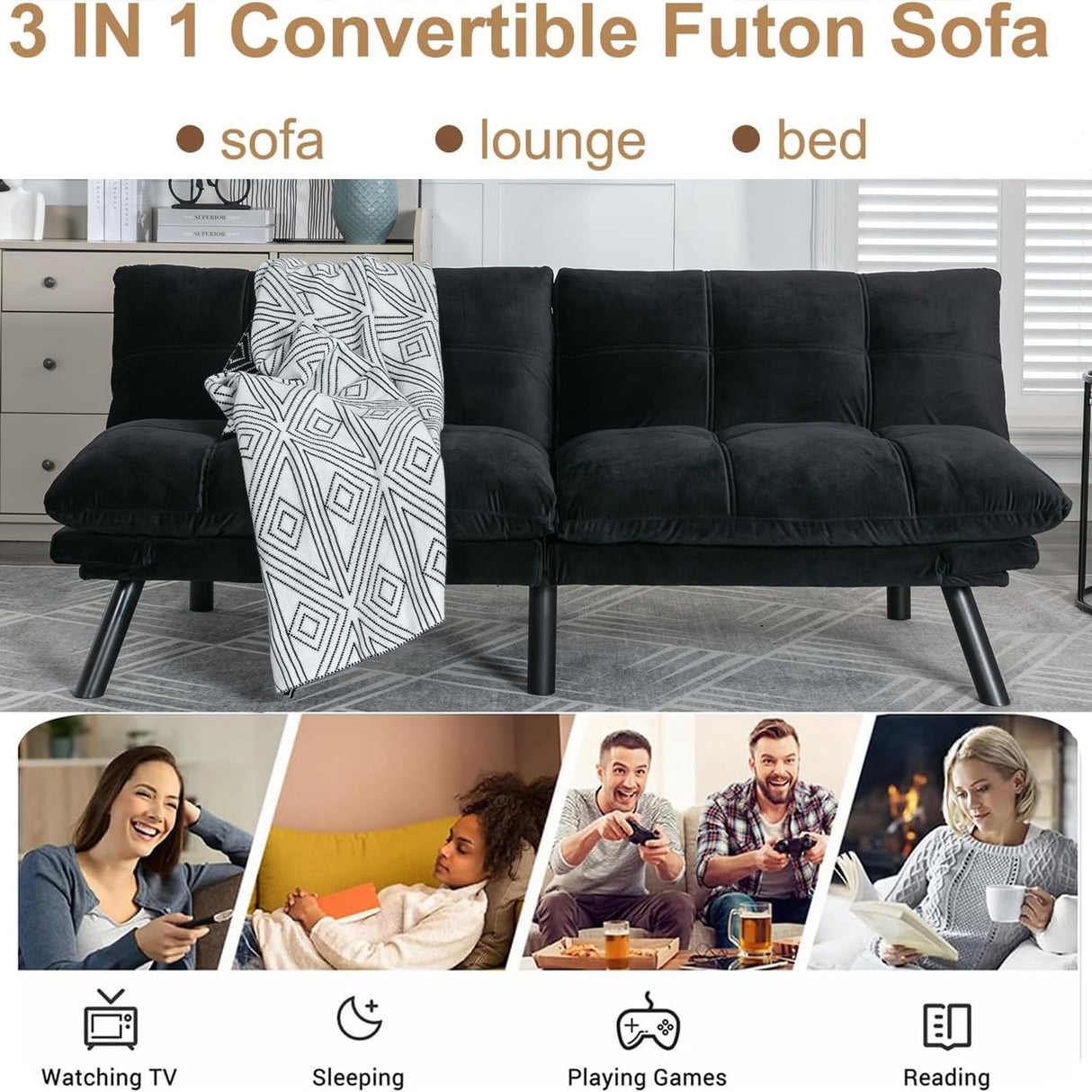 Modern Velvet Convertible Folding Futon Couch Sofa Bed Adjustable Pillow Top Arm Memory Foam Couch Double Loveseat Sofa for Compact Living Space,Dorm,Game Studio,Apartment,Bedroom (Black) Klwenas Maec