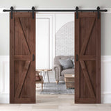 ROYMELO 48x84 inch (Double 24×84 inch Door) Sliding Barn Wood Door Slab with 8ft Hardware Kit and Handle, Coffee, K Shape, Simple DIY Assembly ROYMELO