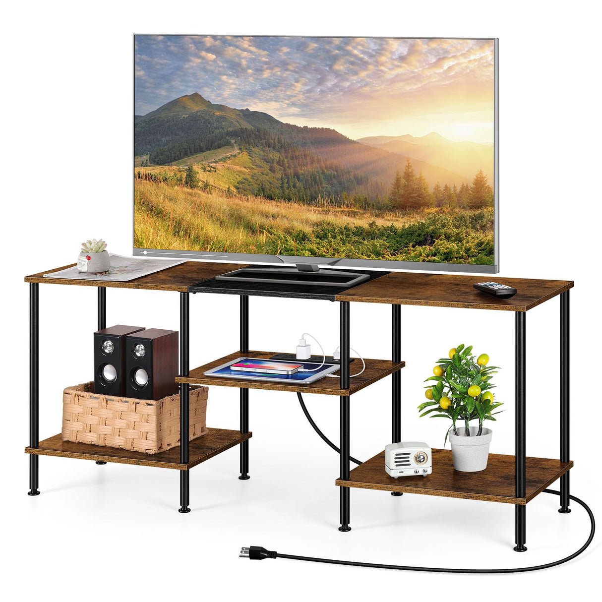 OYEAL Small TV Stand for Living Room up to 50 inch Farmhouse TV Media Entertainment Center with Power Outlets & Storage Shelf 45'' TV Cabinet Console Table for Bedroom, Rustic Brown OYEAL