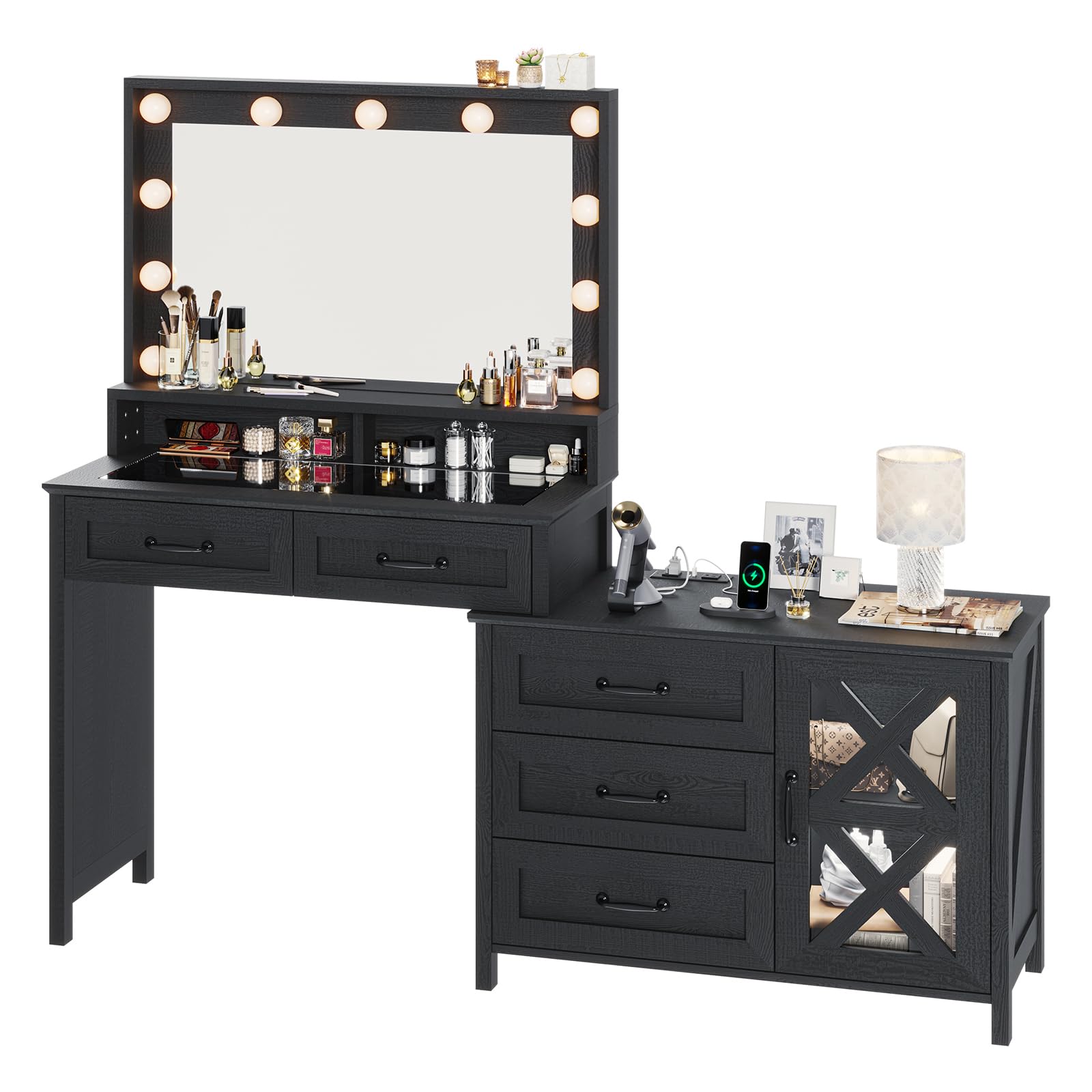 HAUOMS Farmhouse Vanity Makeup Desk with Mirror,Power Outlet and 11 Light Bulbs, Large Vanity Desk with Dersser,Makeup Table with Big Glass Desktop,5 - WoodArtSupply