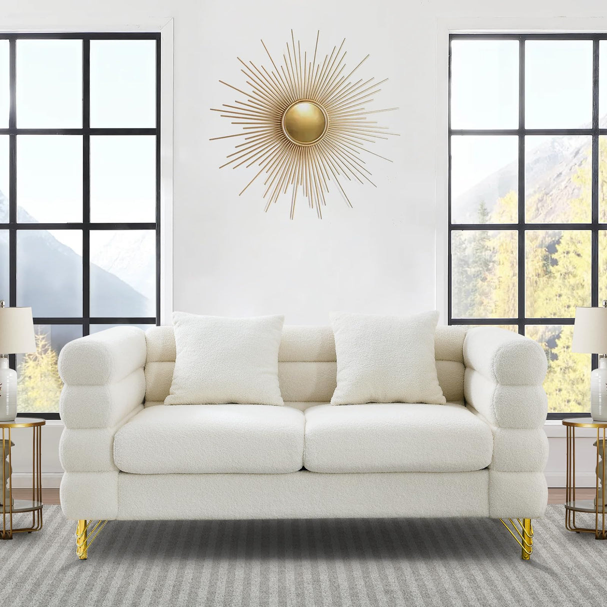 Comfy Loveseat Sofa, 60-inch 2 Seater Boucle Couch with Deep Seat Design, Upholstered Love Seat with 2 Pillows, Modern Living Room Sofa with Stylish Metal Legs for Office, Waiting Room, White Teddy KINFFICT