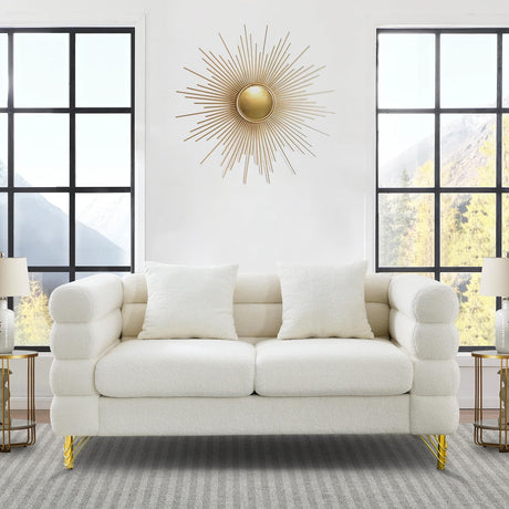 Comfy Loveseat Sofa, 60-inch 2 Seater Boucle Couch with Deep Seat Design, Upholstered Love Seat with 2 Pillows, Modern Living Room Sofa with Stylish Metal Legs for Office, Waiting Room, White Teddy KINFFICT