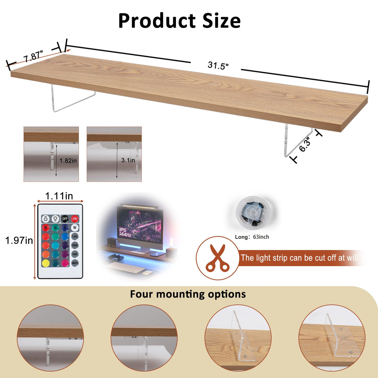LA QUEENIE Monitor Stand Riser,Wood & Acrylic Computer Monitor Stand with LED Light,Desk Accessories Desktop Organizer Stand for Computer,Laptop,Printer,PC & TV Screen Riser LA QUEENIE
