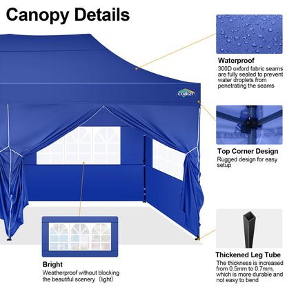 COBIZI 10x20 Pop up Canopy Tent 10x20 Canopy with 6 Sidewalls Waterproof Heavy Duty Commercial Canopy Tent for Parties Outdoor Tent Garden Gazebo Tent, Carry Bag with Wheel(10x20ft, Dark Blue)