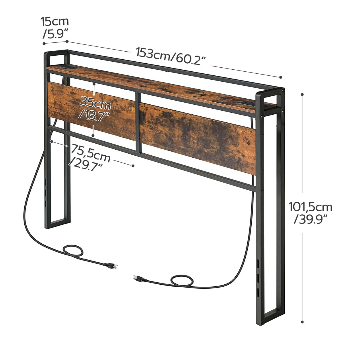 HOOBRO Headboard Queen Size, Headboard with 2 Outlets and 4 USB Ports, Adjustable Height, Storage Rack, Sturdy and Stable, Easy Assembly, Rustic Brown and Black HOOBRO