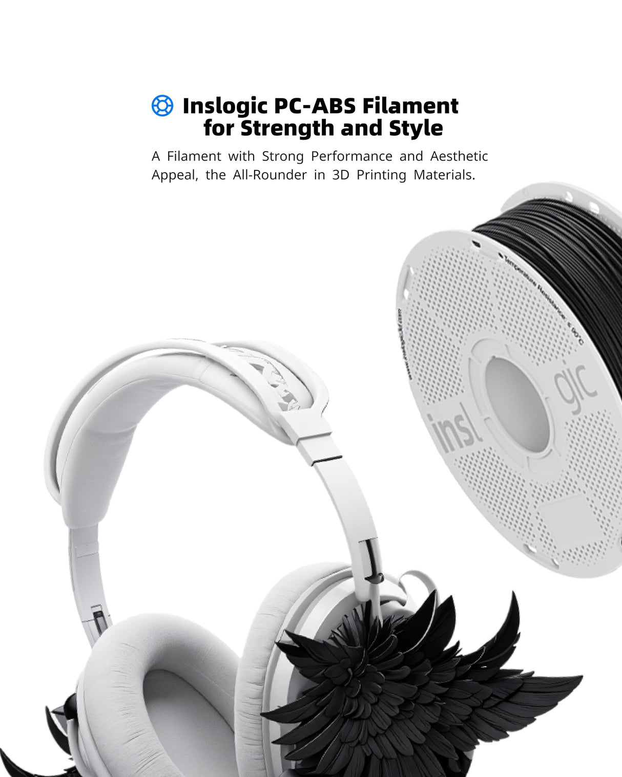 Inslogic PC-ABS Filament 1.75mm, Black Polycarbonate Filament 1.75mm Blend with ABS 1kg - Tough and Heat Resistant 1.75mm 3D Printer Polycarbonate Filament, Dimensional Accuracy +/- 0.02mm Inslogic