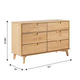 Walker Edison Mid-Century Modern Grooved Handle Wood 6-Drawer Dresser, 52 Inch, Natural Pine Walker Edision