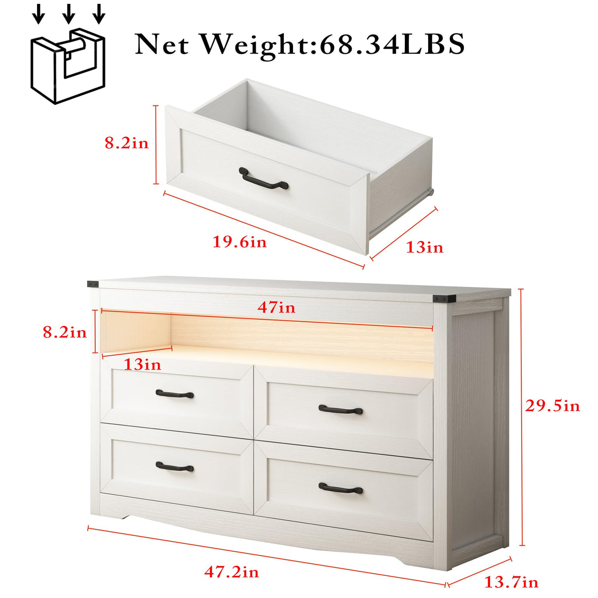 Wodeer White Dresser for Bedroom, Wood 4 Drawer Dresser with LED Light, Dressers & Chests of Drawers with Metal Handles, Storage and Organization for Bedroom, Hallway, Entryway Wodeer