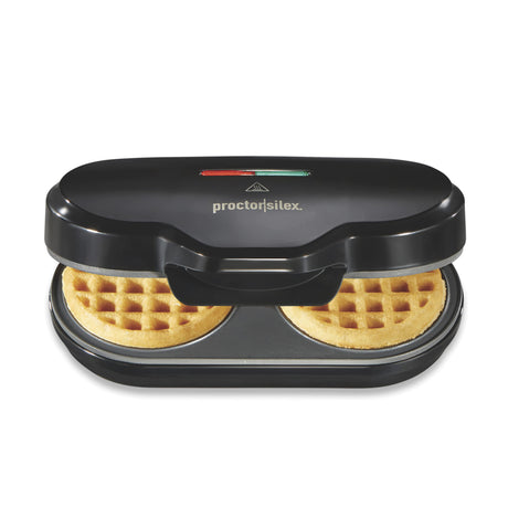 Proctor Silex Double Mini Waffle Maker Machine with 4” Round Non-stick Grids, Makes 2 Personalized Individual Breakfast Keto Chaffles and Hashbrowns, Compact, Black (26102) Proctor Silex
