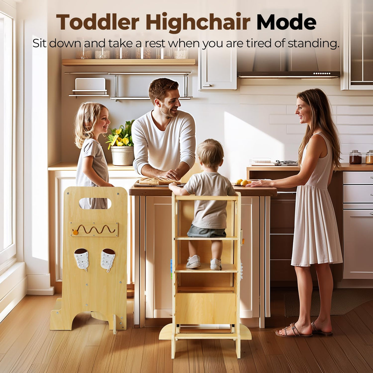 JUZBOT Toddler Tower 4 in 1 Toddler Kitchen Stool Helper Adjustable Standing Tower for Kitchen Counter with Safety Board, Slide, Chalkboard, Montessori Activities JUZBOT