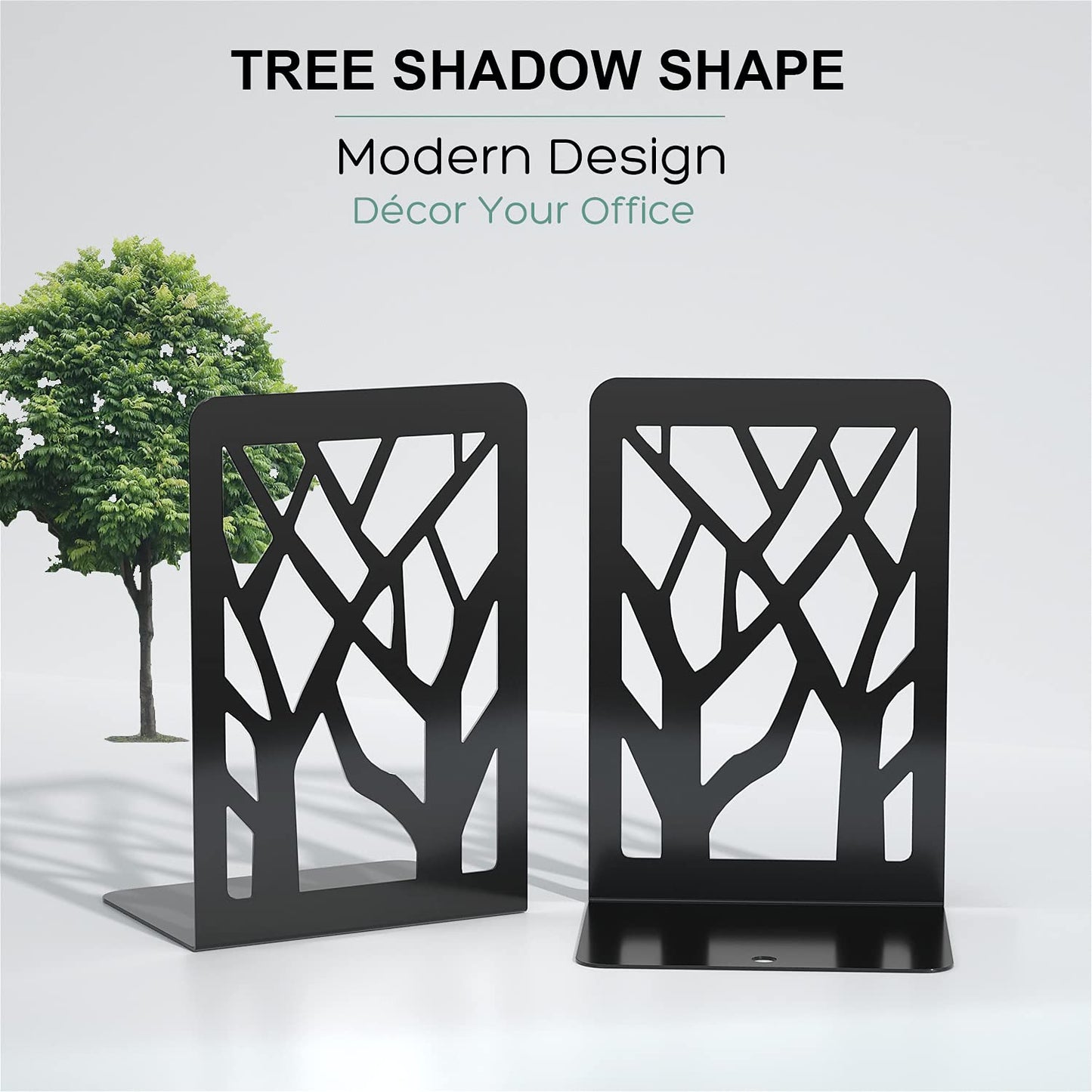 MaxGear Tree Design Modern Bookends for Shelves, Non-Skid Book Holder, Heavy Duty Metal Storage for Books/CDs, Decorative Book Stopper for Home, 7 x 4.7 x 3.5”, Black (2 Pair/4 Pieces)