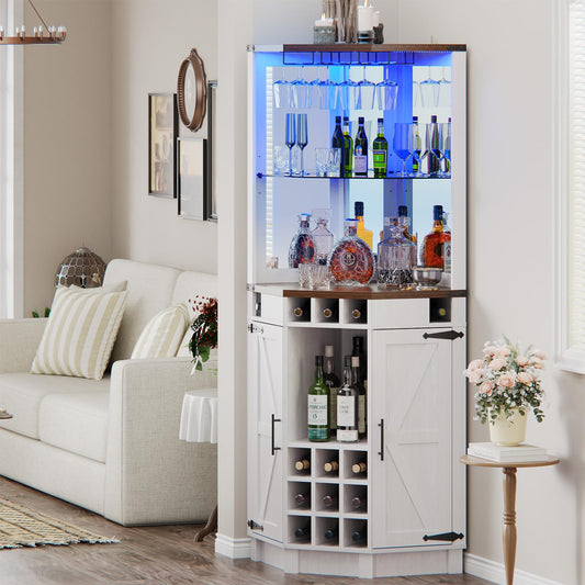 ROOMTEC Corner Bar Cabinet for Liquor, 71" Farmhouse Wine Cabinet with LED Strip and Glass Holder, Corner Cabinet with Doors and Adjustable Shelf, Liquor Cabinet Bar for Home