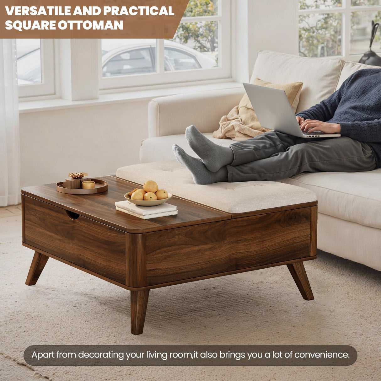 VOPEAK Lift Top Coffee Table with Storage, Large Square Coffee Table with Thickened Cushion, Family Gathering Center Table, Modern Wooden Coffee Tables for Living Room, Solid Wood Legs, Walnut VOPEAK