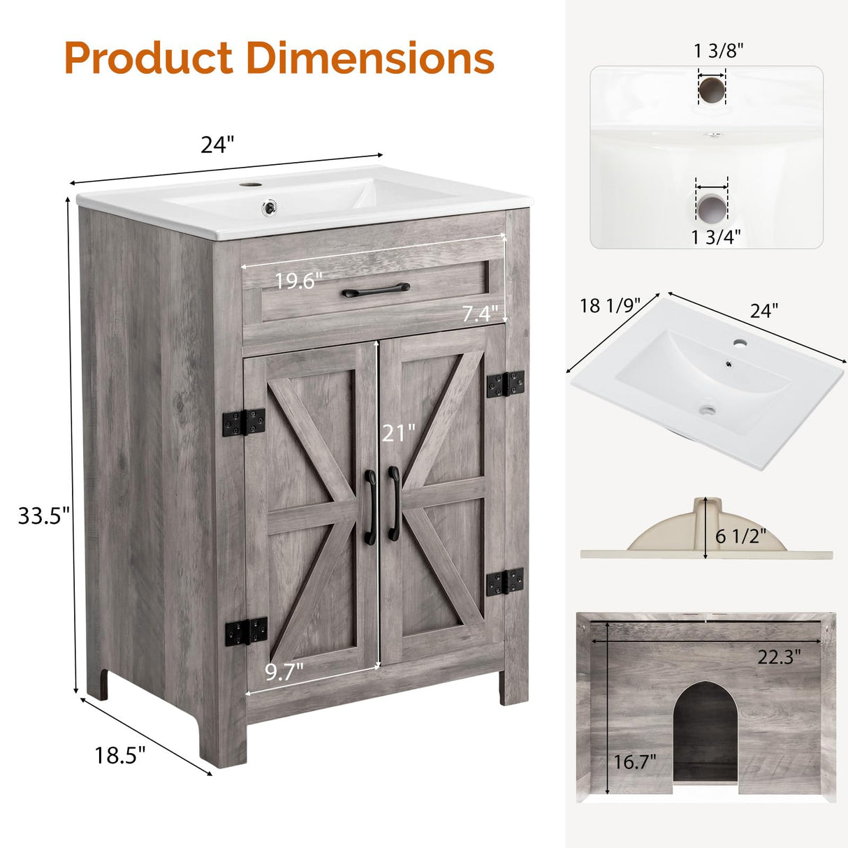 VINGLI 24" Farmhouse Bathroom Vanity with Sink, Undermount Vanity Sink Cabinet with Barn Door &Shelf,Free Standing Small Bathroom Storage Cabinet with Single Hole Ceramic Basin Combo Set,Washed Gray VINGLI