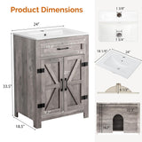 VINGLI 24" Farmhouse Bathroom Vanity with Sink, Undermount Vanity Sink Cabinet with Barn Door &Shelf,Free Standing Small Bathroom Storage Cabinet with Single Hole Ceramic Basin Combo Set,Washed Gray VINGLI