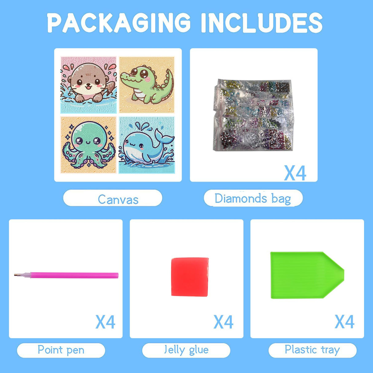 Canrichshop 4 Pack Cartoon 5D Diamond Painting for Kids,Cute Marine Animals DIY Painting Art Kit for Kids Ages 4-8-12 Mosaic Kits,Diamond Art Kid Present,Gem Paintings Full Drill 6x6 Inch Canrichshop