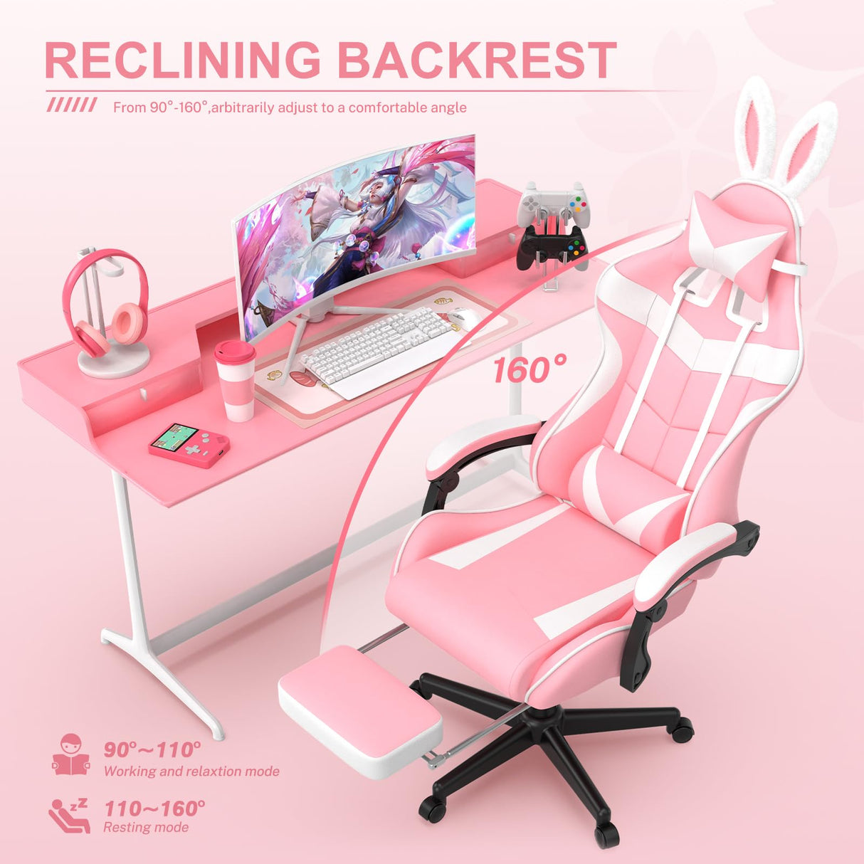 Soontrans Pink Gaming Chair with Footrest,Lovely Bunny Computer Gamer Chair,Gamer Desk Chair for Granddaughter,Sister,Girlfriend,Wife and Love (Pink) Soontrans