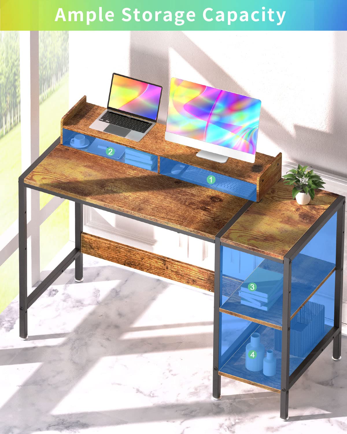 MINOSYS 39” Rustic Computer Desk with Adjustable Monitor Stand and Reversible Storage Shelves - WoodArtSupply