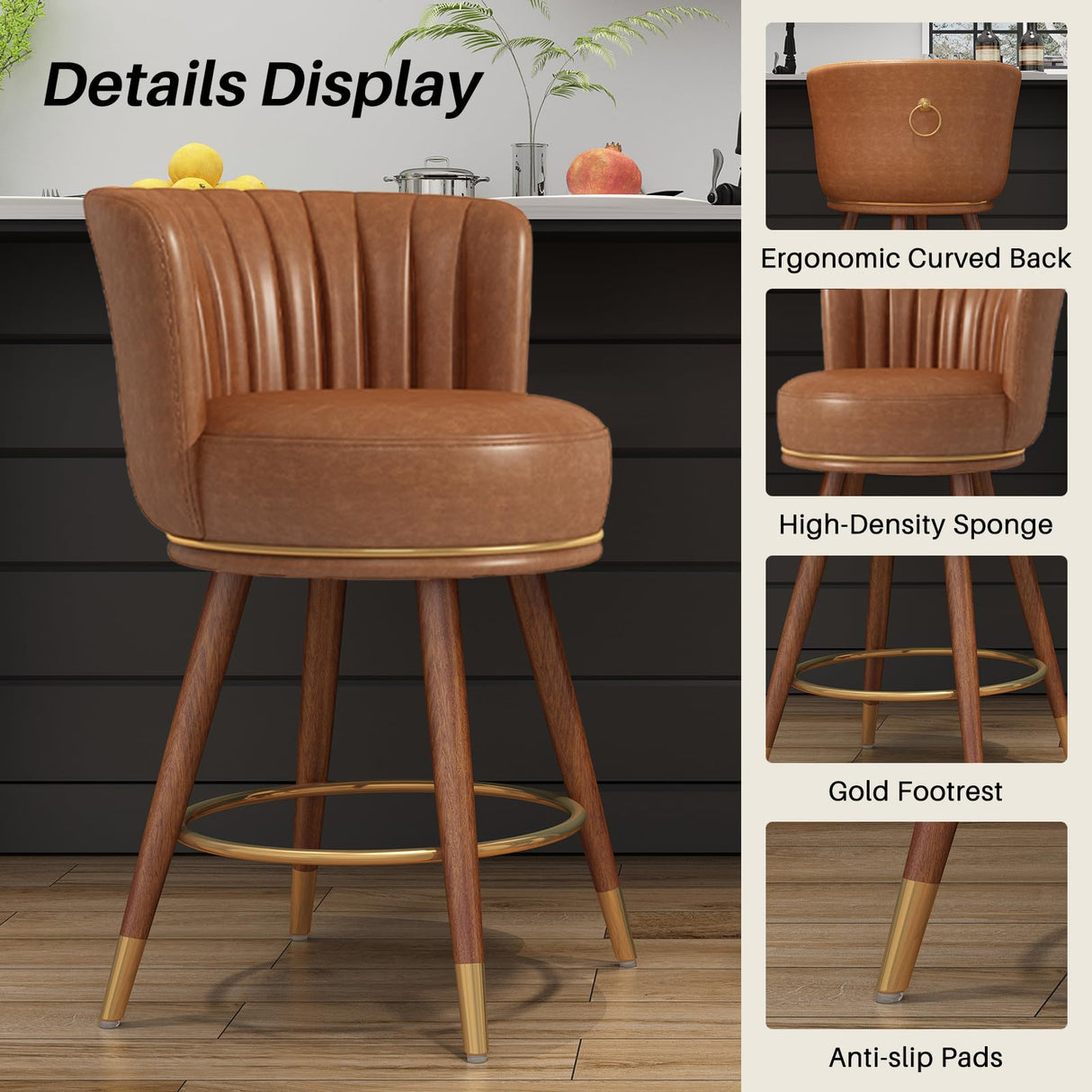 SeekFancy 24" Swivel Bar Stools Set of 2, Counter Height Bar Stools with Back, Leather Swivel Counter Stool with Wood Legs, Upholstered Pub Stools Brown Bar Chairs for Kitchen Island, 300lbs SeekFancy