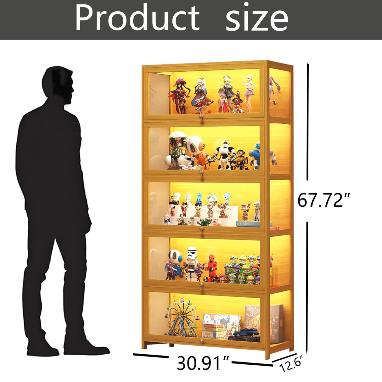 5-Tier Display Cabinet with Acrylic Doors, 67.5" Transparent Curio Display Case for Figures, Collectibles Toy Organizers Rack & Display Shelf, Kids Bookcase for Home, Office, Playroom, Living Room IHGSSKD