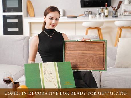 AZRHOM Large Walnut Wood Cutting Board for Kitchen 17x11 (Gift Box) with Juice Groove Handles Non-slip Mats Thick Reversible Butcher Block Chopping AZRHOM