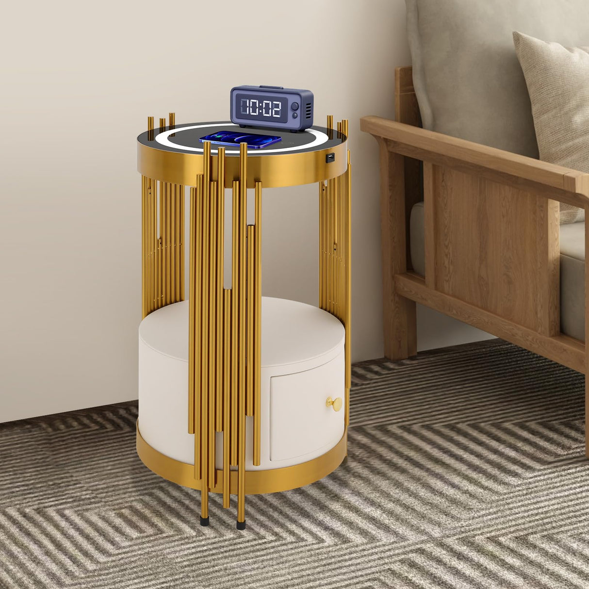 Mkyiongou Dimmable Led Nightstand Gold with White Drawers, Round End Table with USB & AC Port Wireless Charging Station, Bedside Table/Side Table for Bedroom/Living Room/Coffee Table Storage Mkyiongou