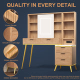 HSSZXFR 48" Fluted Makeup Vanity Desk with Mirror and Lights, Rustic Vanity Table with Modern Glass Top and Charging Station, Vanity Wooden 5 Drawers and Shelves Adjustable (Wood) HSSZXFR