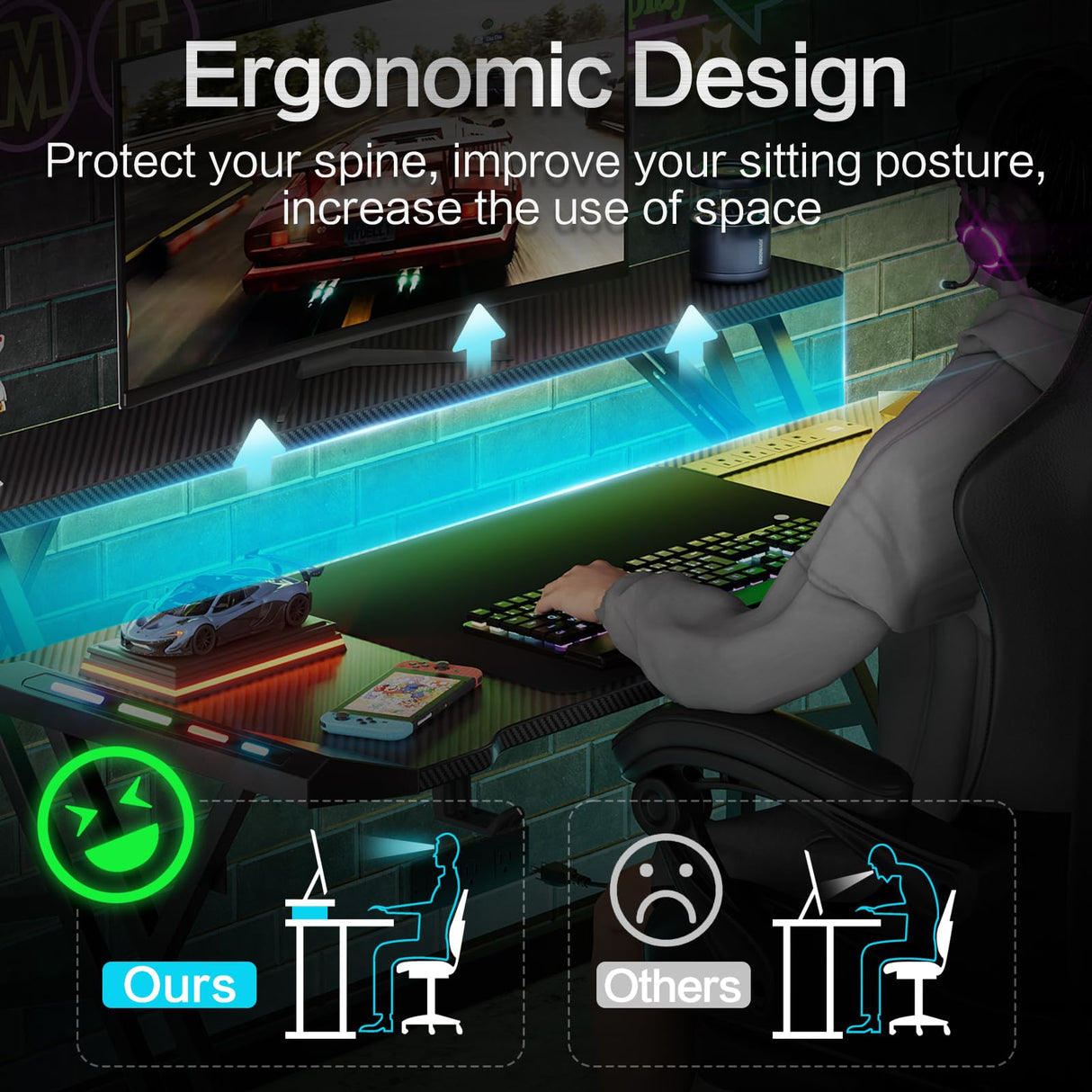 47 Inch Gaming Desk with Led Lights & USB Ports & Power Outlets, Upgraded Integrated Monitor Stand Computer Desk, Gamer Desk for Small Space, Black Carbon Fiber Surface Gaming Desk Czlolo