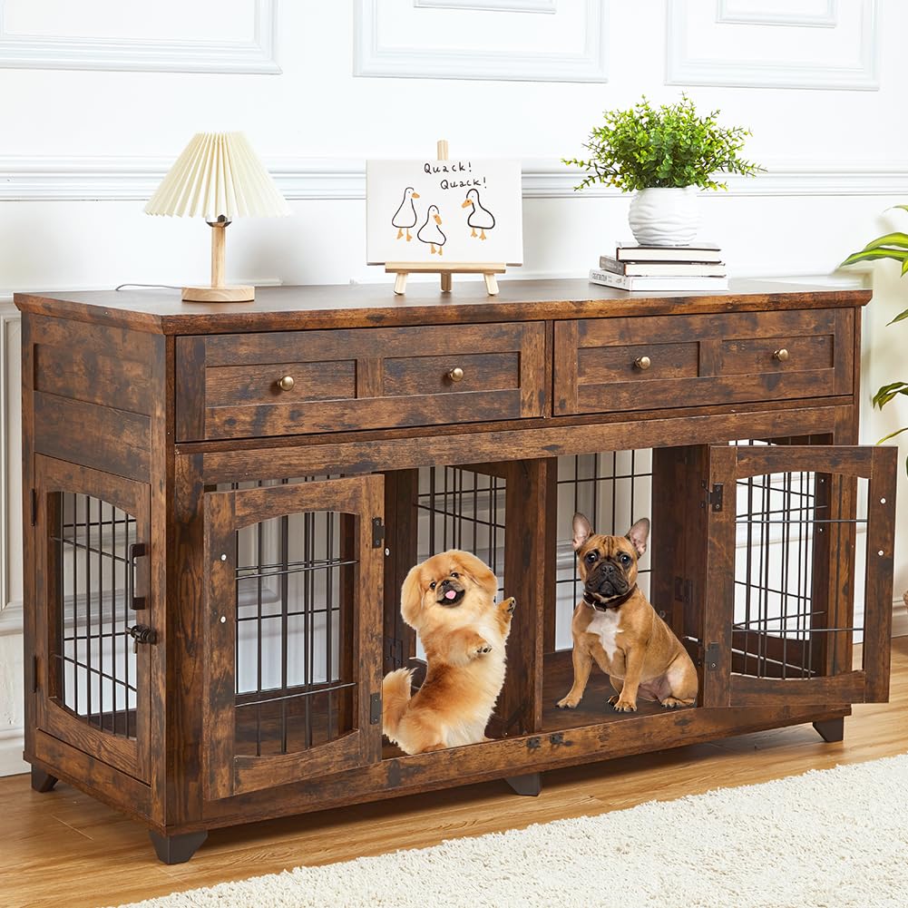 Dog Crate Furniture with 5 Doors, 58" Wooden Dog Kennel End Table with Large Capacity Drawers, Dog House with Openable Divider for Small/Medium/Large Dog,Dog Cage,Side End Table,Rustic Brown - WoodArtSupply