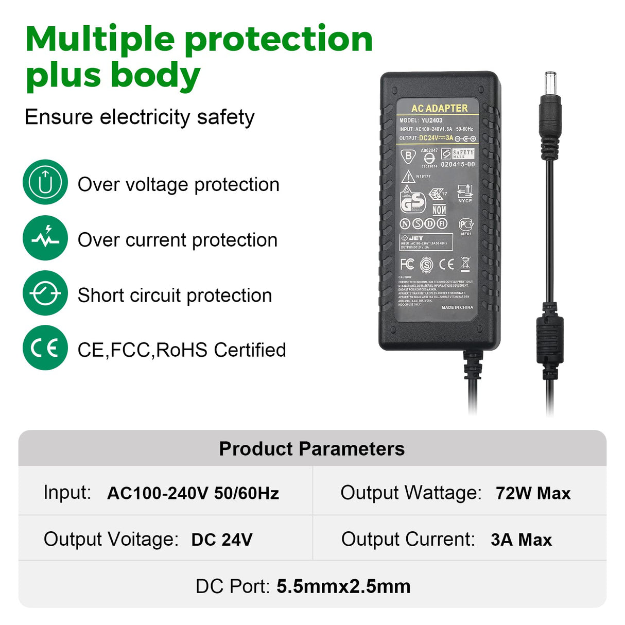 24V 3A 72W Power Supply Adapter AC 100-240V to DC 24 Volt 3 Amp Converter Transformer 5.5x2.5mm Plug for TS100 SH72 Mini Electric Soldering Iron/LED Strip Light/CCTV Security System/LCD Monitor LeTaoXing