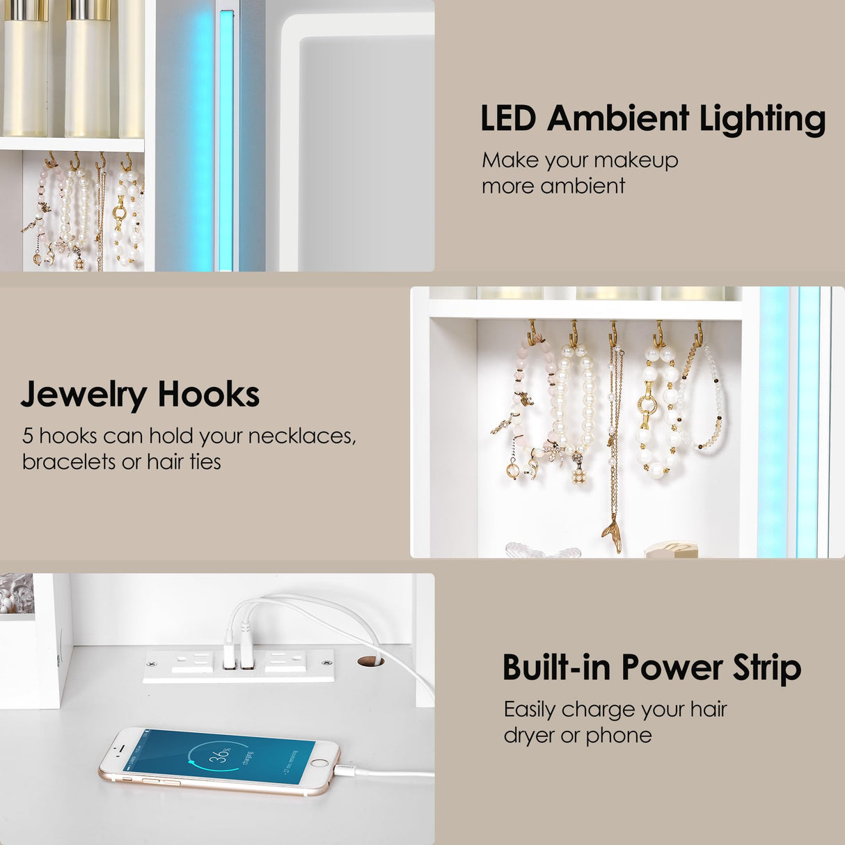 ANWBROAD Vanity Desk with Mirror and Lights 3 Colors 43.3" Makeup Vanity with RGB Lights and Power Strip Large Vanity Set with 3 Drawers 2 Cabinets White Dressing Table Stool for Women Bedroom UBDT78W ANWBROAD