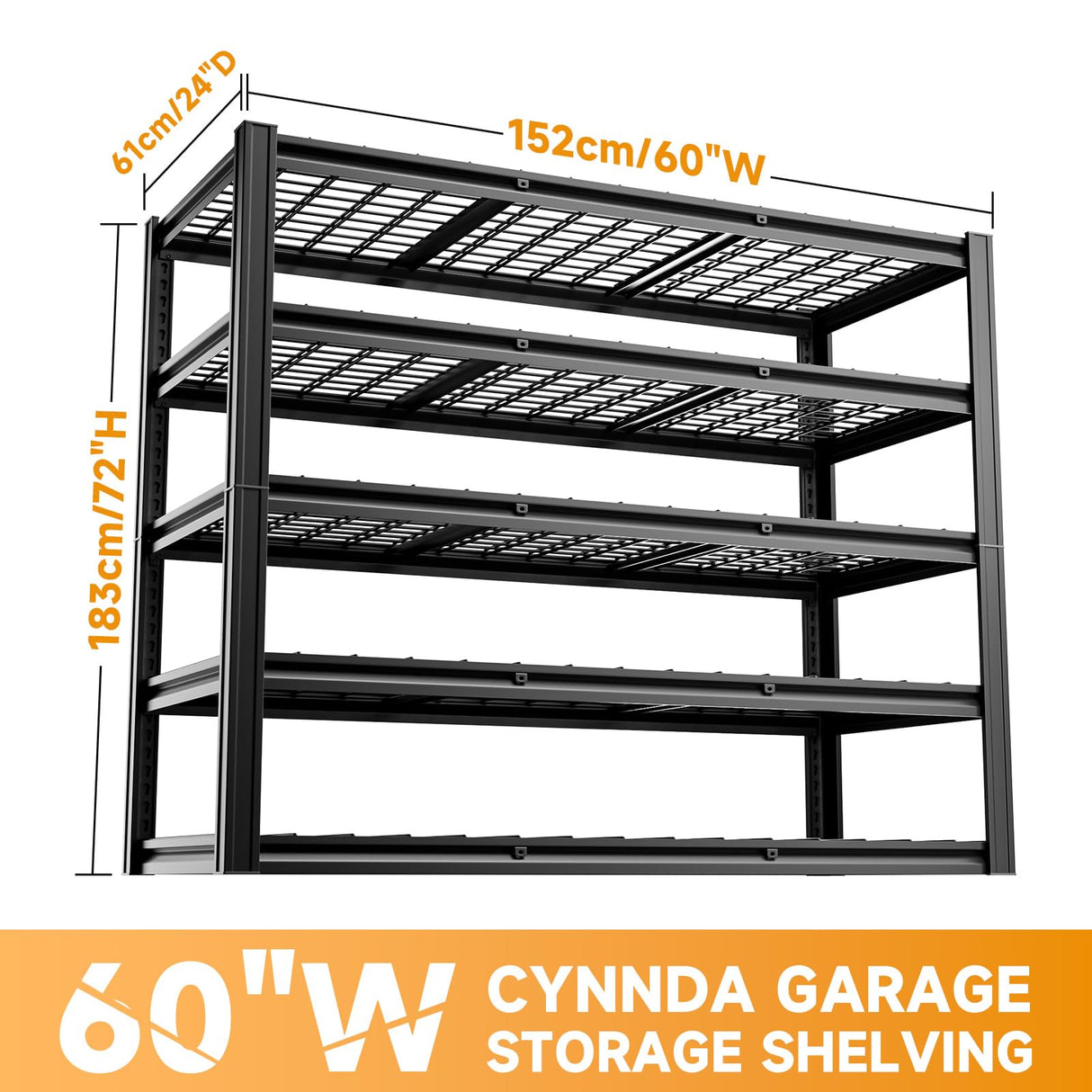cynnda 5-Tier 60”W x 24”D x 72”H Garage Shelving 5-Tier Storage Shelves 3000LBS Heavy Duty Metal Shelf Adjustable Rack Units Suitable for Garage Basement Kitchen Warehouse Utility Shelves (Black) cynnda