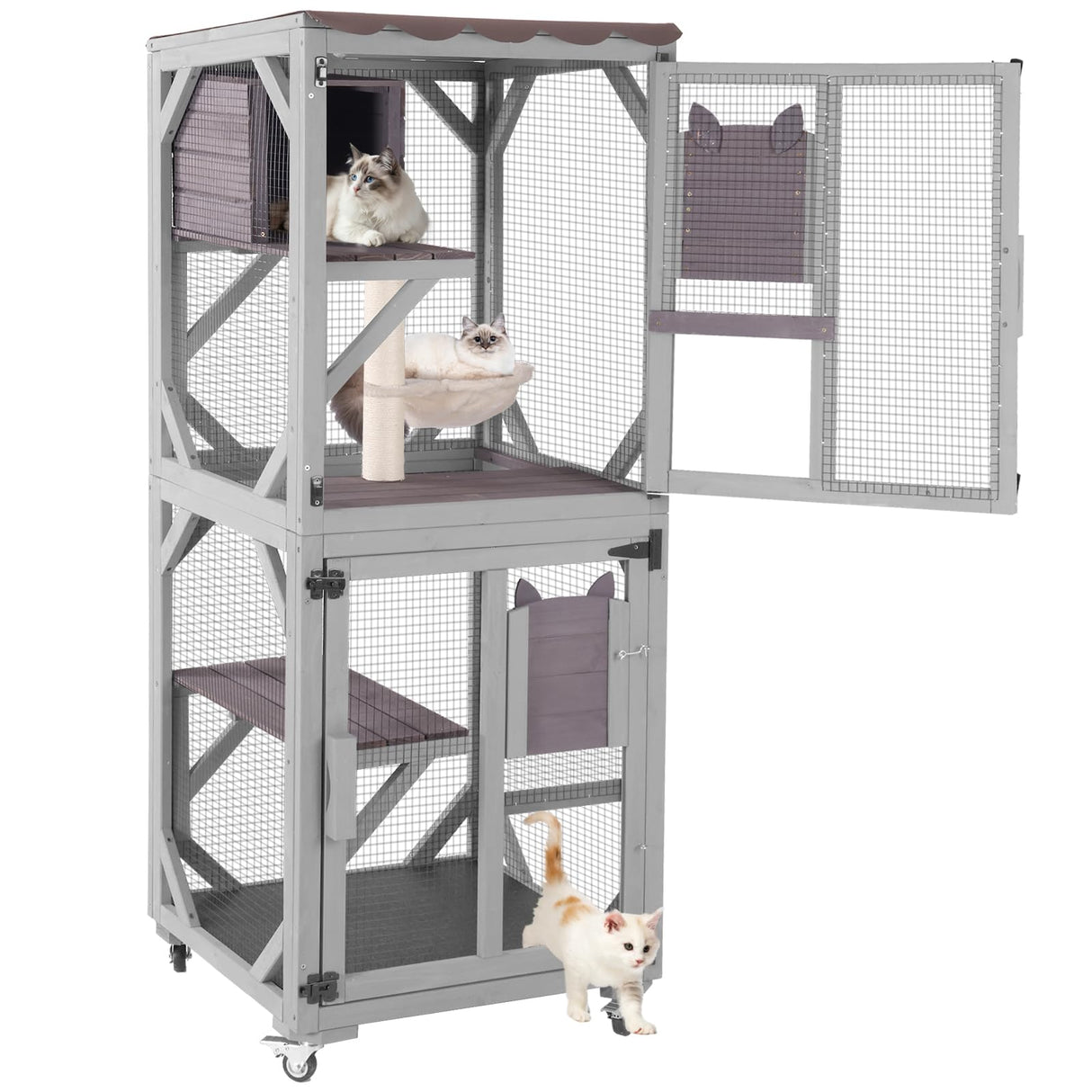 Catio Outdoor Cat Enclosure, 4 Tiers Outdoor Cat House with Wheels, Kitty Cages Indoor Large Window Catio -Waterproof Roof Suumerpety