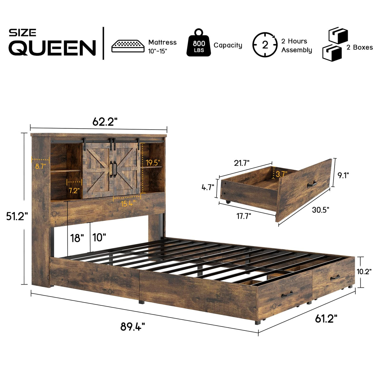 HOWE Rustic Brown King Size Wooden Platform Bed Frame with Bookcase Headboard and Storage Drawers HOWE