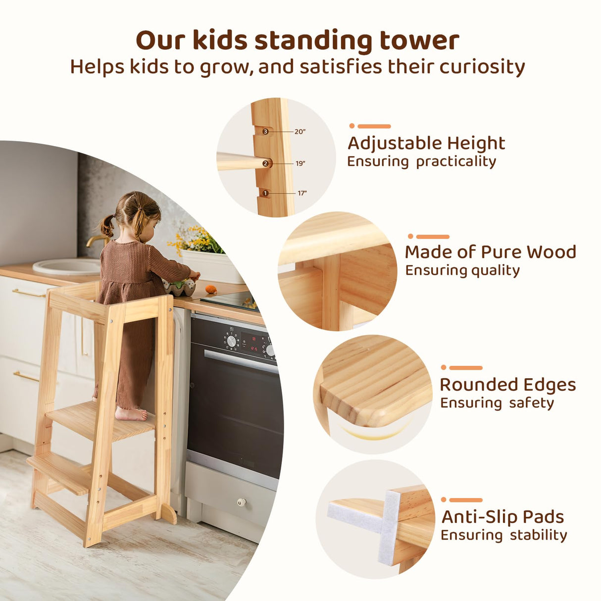 Adjustable Toddler Tower, Stable Standing Tower with 3 Heights Platform & Steps, Wooden Step Stool for Toddlers with Safe Around Rails for Bathroom/Kitchen/Sink, Suitable for Ages 18-36 Months KIDINIX