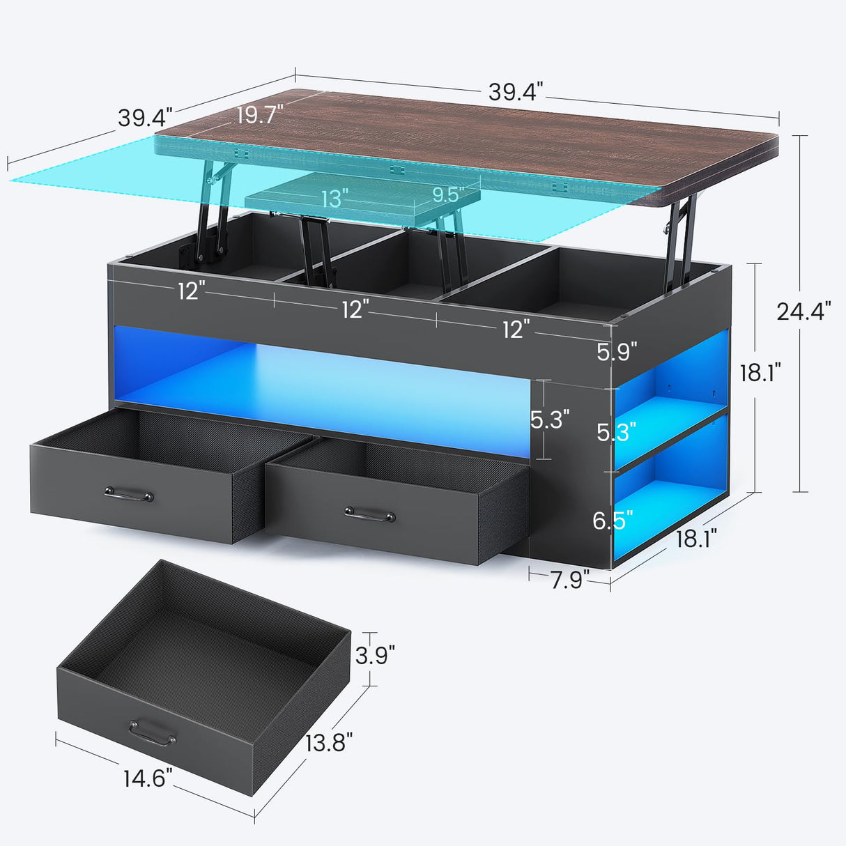 Itaar Lift Top Coffee Table, 4 in 1 Coffee Tables with Storage and Hidden Compartment, Farmhouse Coffee Table with 2 Fabric Drawers & LED Light for Living Room, Black Itaar