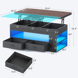 Itaar Lift Top Coffee Table, 4 in 1 Coffee Tables with Storage and Hidden Compartment, Farmhouse Coffee Table with 2 Fabric Drawers & LED Light for Living Room, Black Itaar