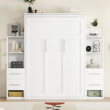 Full Murphy Bed with Storage Drawers,LED Lights and Storage Bookcase Shelves,Wood Murphy Wall Bed Cabinet for Adults MERITLINE