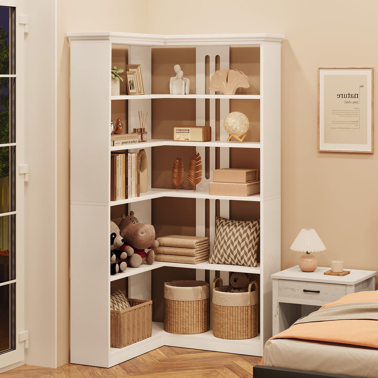 IDEALHOUSE Corner Bookshelf 72.8in Farmhouse Bookcase Large Bookshelves Wood Bookcase Tall 5 Tier Corner Shelf L Shaped Bookshelf Storage Display Rack Living Room Bedroom (White, Half Panel) IDEALHOUSE