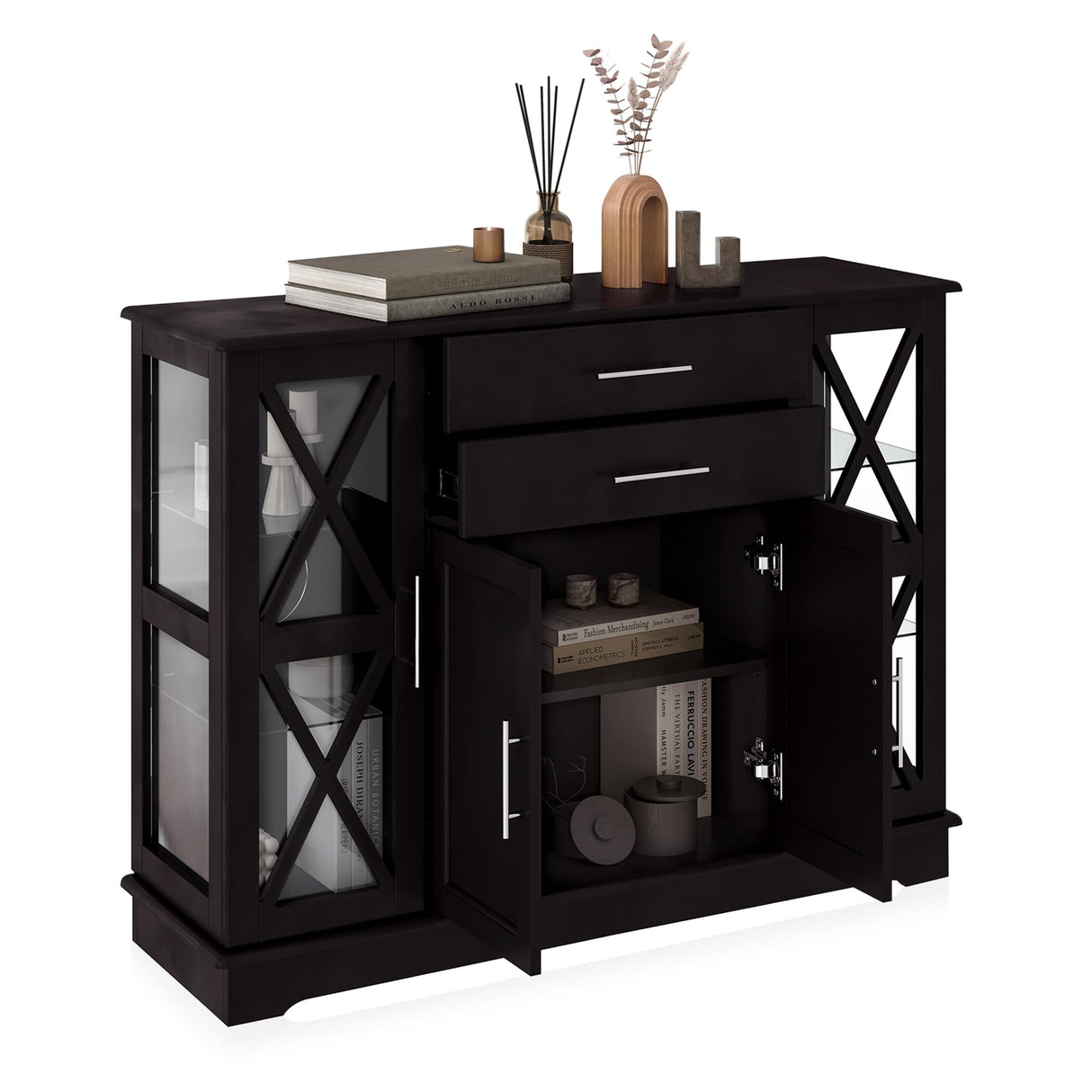 BELLEZE 017-HG-40007-ESP Sideboard Buffet, 47 Inch Storage Console Table Coffee Bar Kitchen Cupboard Pantry Glass Display Cabinet for Lving Entryway Dining Room,Espresso BELLEZE