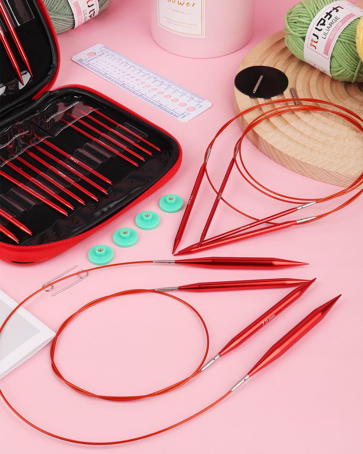 Interchangeable Knitting Needle Set with Circular Cable for Crafters, 13 Circular Knitting Needles with 4 Cable, 3-10 mm Aluminum Knitting Needles for Beginner, DIY Crafts, Red Needle Set Aeelike