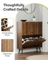 Shoe Storage Cabinet, Fluted Shoe Cabinet Storage for Entryway, Walnut Hidden Shoe Cabinet with Metal Legs,Shoe Organizer Cabinet with Flip Doors, Slim Entryway Shoe Storage Cabinet （31.5in） Smart FENDEE