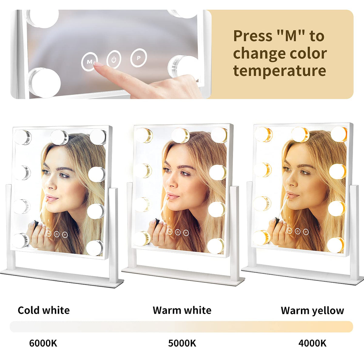 NUSVAN Vanity Mirror with Lights, Makeup Mirror with Lights,3 Color Lighting Modes Detachable 10X Magnification Mirror Touch Control,360°Rotation, White. NUSVAN
